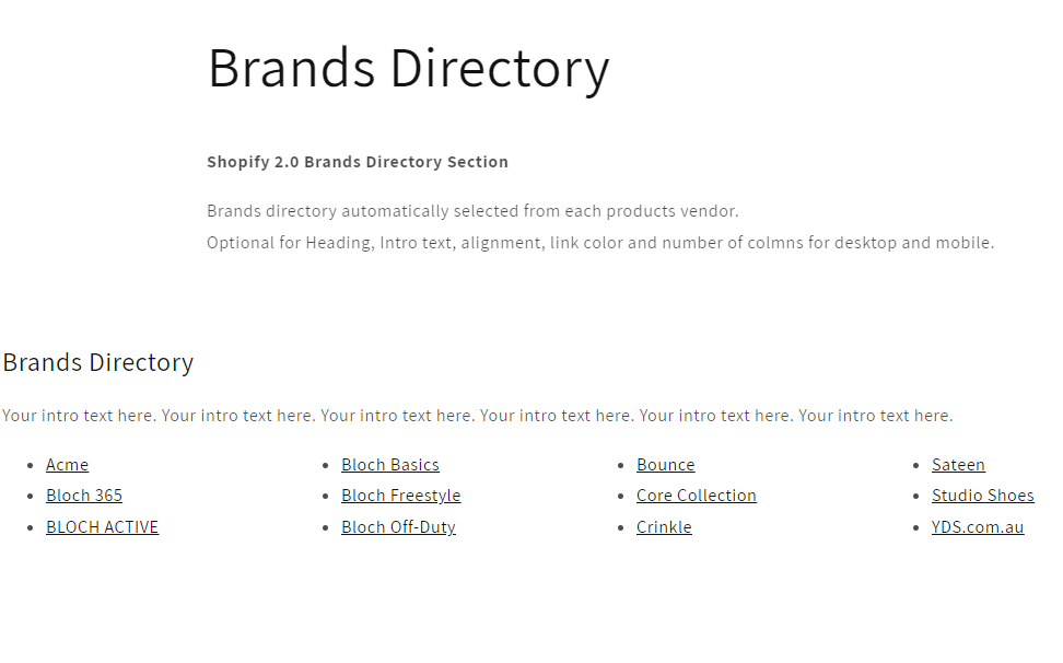 Shopify Dawn v13+ - Brands Directory
