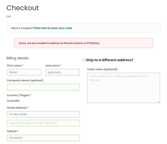 Woocommerce – P.O Box Address Blocker