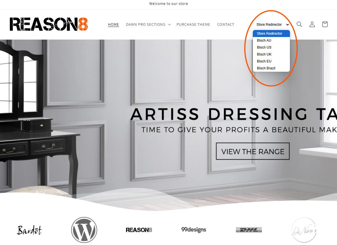 Shopify Dawn - Header Menu Store Redirector